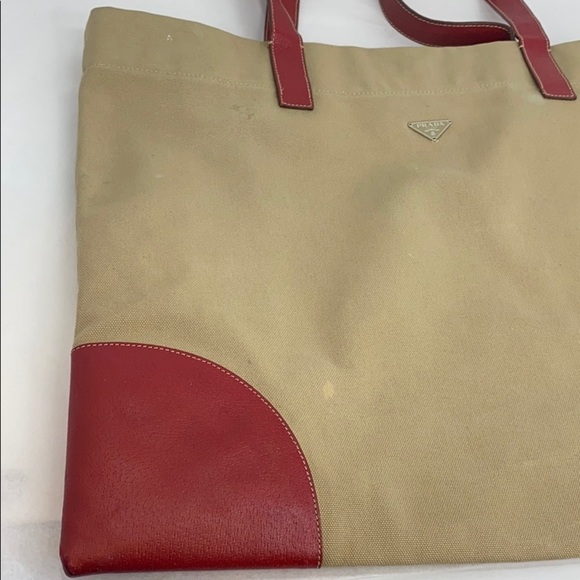 Prada Large Beige Canvas Red Leather Shoulder Tote - Picture 7 of 15